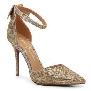 Jessica Simpson JP Lana 2 High Heels Sz 9, Gold Glittery w/Ankle Strap Bow